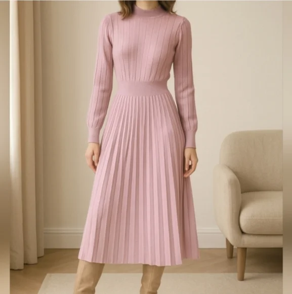 Sweater Dress Pink Long Sleeve Pleated Midi Dress Medium Mauve - Picture 1 of 8